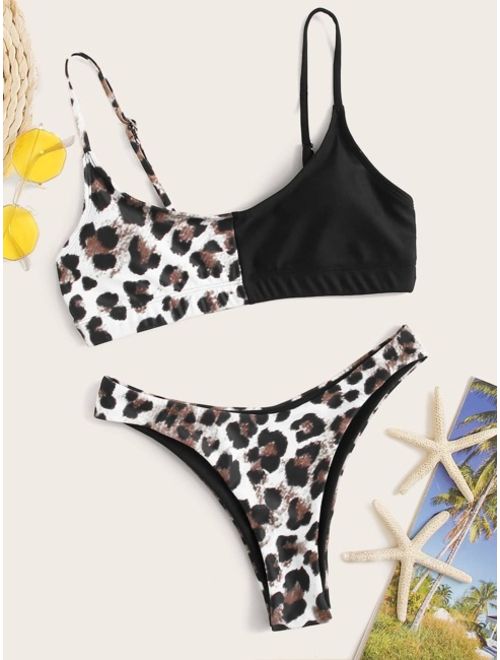 Contrast Leopard Top With High Cut Bikini Set