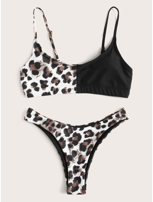 Contrast Leopard Top With High Cut Bikini Set