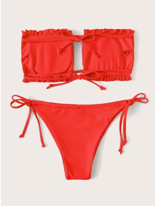 Shein Ruched Bandeau With Tie Side Bikini Set