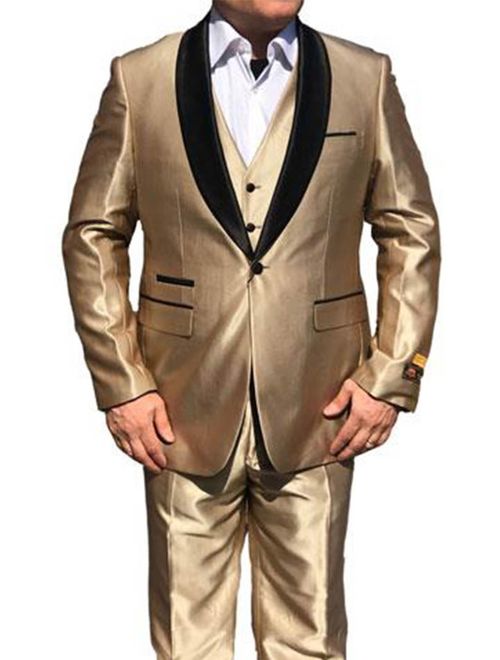 Alberto Nardoni Mens Sharkskin Vested 1 Button Shawl Tuxedo In Shiny Gold