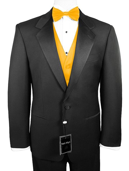 Neil Allyn 7-Piece Formal Tuxedo with Pleated Front Pants, Shirt, Gold Vest, Bow-Tie & Cuff Links. Prom, Wedding, Cruise