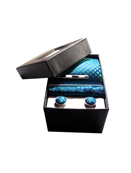 Mens Gift Set with NeckTie, Square, Cufflinks and Clip in Gift Box
