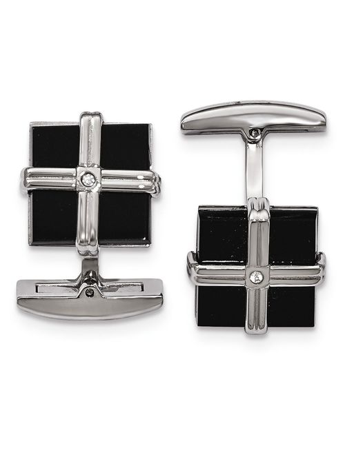 Stainless Steel Polished Black IP CZ Square Cuff Links