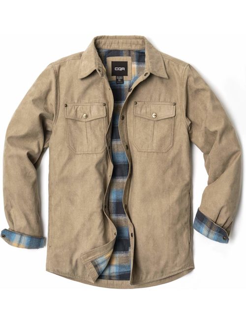 CQR Mens Flannel Long Sleeved Rugged Plaid Cotton Brushed Suede Shirt Jacket