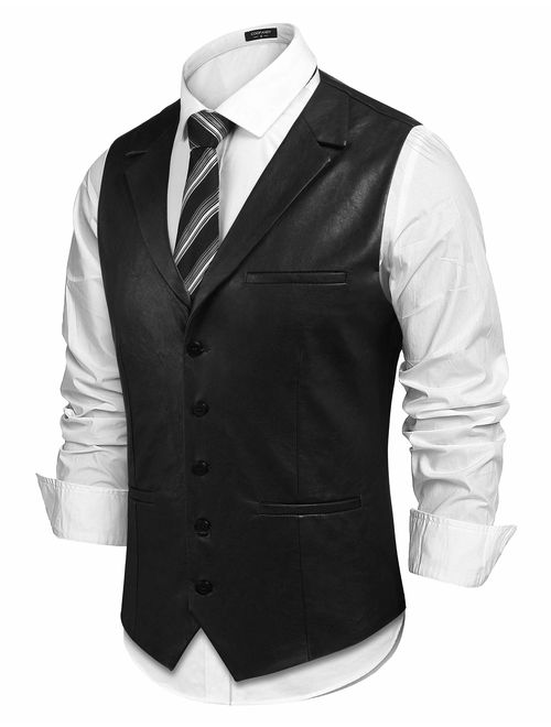COOFANDY Mens Leather Vest Casual Western Vest Jacket Lightweight V-Neck Suit Vest Waistcoat
