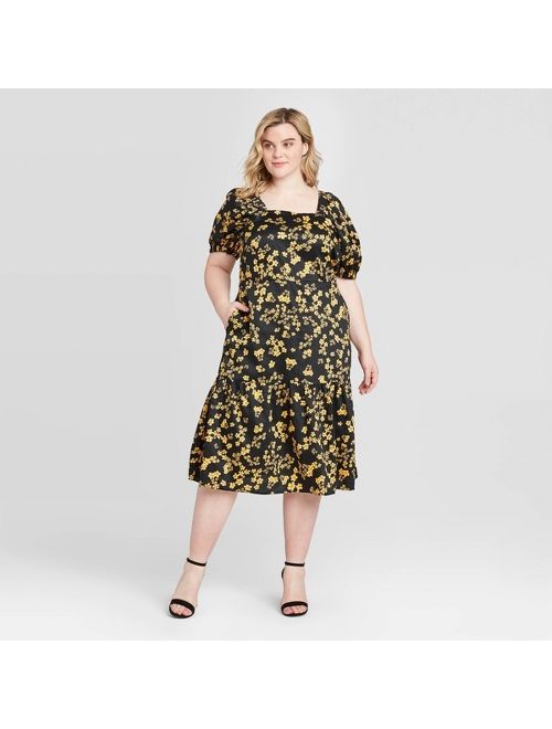 Women's Plus Size Floral Print Puff Short Sleeve Midi Dress - Who What Wear Black