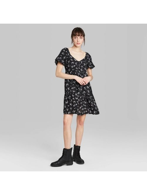 Women's Floral Print Short Puff Sleeve Round Neck Babydoll Mini Dress - Wild Fable Black