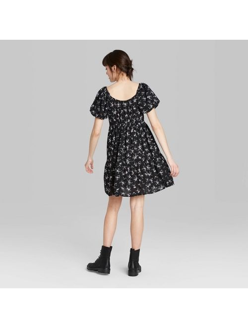 Women's Floral Print Short Puff Sleeve Round Neck Babydoll Mini Dress - Wild Fable Black