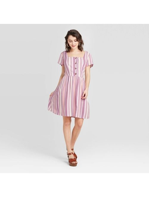 Women's Striped Short Sleeve Button-Front Mini Dress - Xhilaration Pink
