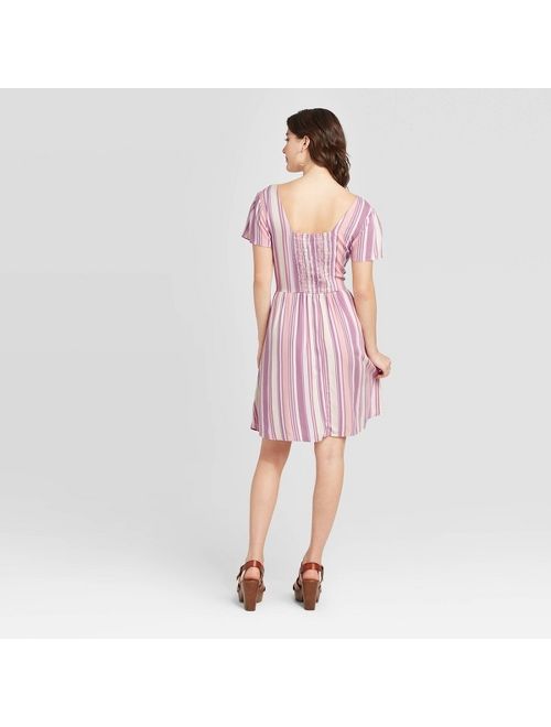 Women's Striped Short Sleeve Button-Front Mini Dress - Xhilaration Pink