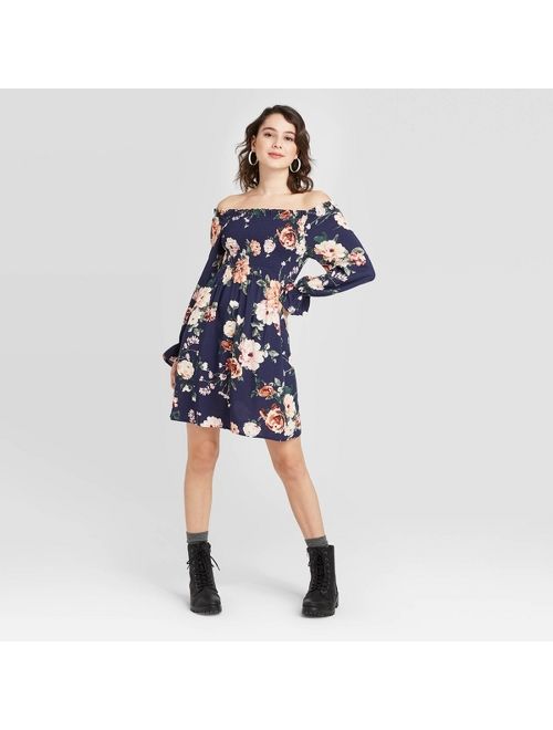 Women's Floral Print Long Sleeve Smocked Top Mini Dress - Xhilaration Navy