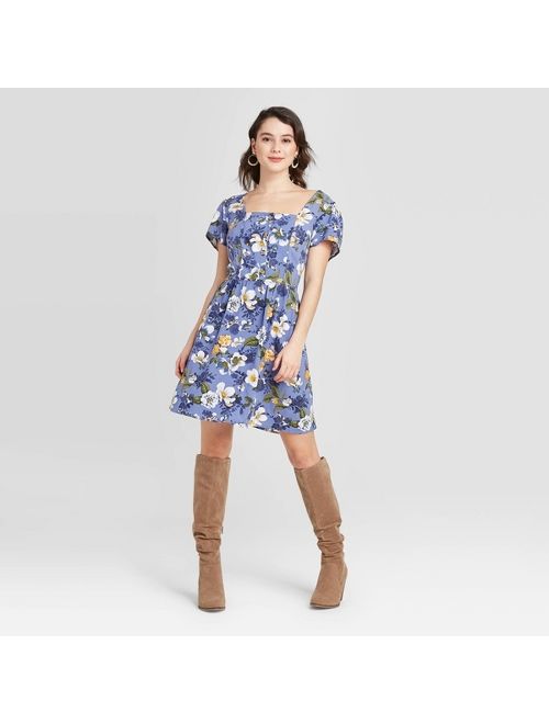 Women's Floral Print Short Sleeve Button-Front Mini Dress - Xhilaration Blue