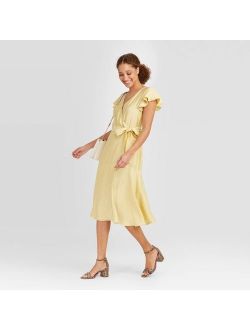 Women's Flutter Short Sleeve V-Neck Wrap Midi Dress - A New Day Lemon