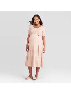 Maternity Elbow Sleeve Tiered Knit Midi Dress - Isabel Maternity by Ingrid & Isabel Coral