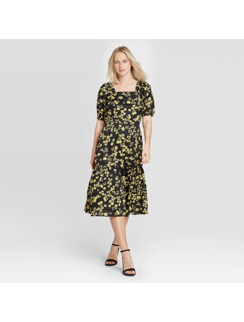 Women's Floral Print Puff Short Sleeve Midi Dress - Who What Wear Black