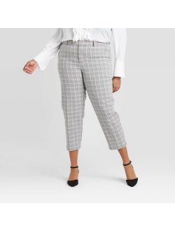 Women's Plus Size Plaid Slim Cropped Pants - A New Day Gray