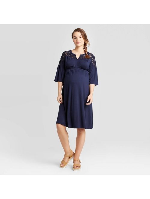 Maternity 3/4 Sleeve Lace Yoke Knit Midi Dress - Isabel Maternity by Ingrid & Isabel Navy