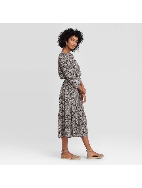 Women's Printed Long Sleeve Crewneck Tiered Midi Dress - A New Day