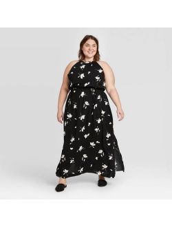 Women's Plus Size Floral Print Sleeveless Smocked Halter Neck Maxi Dress - Ava & Viv Black/White