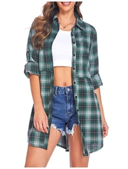 Womens Flannel Plaid Shirts Roll Up Long Sleeve Pockets Mid-Long Casual Boyfriend Shirts