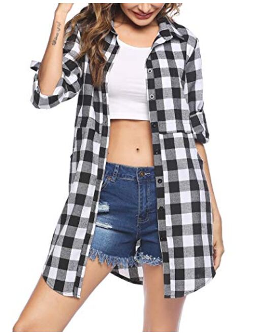HOTOUCH Womens Flannel Plaid Shirts Roll Up Long Sleeve Pockets Mid-Long Casual Boyfriend Shirts