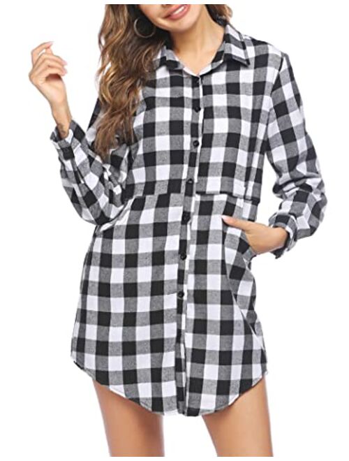 HOTOUCH Womens Flannel Plaid Shirts Roll Up Long Sleeve Pockets Mid-Long Casual Boyfriend Shirts