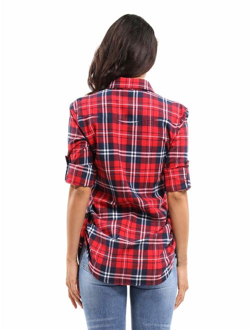 Women's Button Down Plaid Flannel Shirt, Mid-Long Style Roll-Up Sleeve