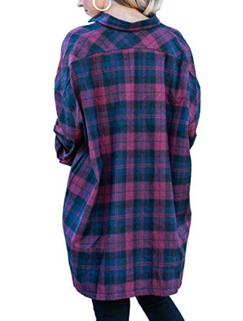 MISSLOOK Women's Plaid Shirts Button Down Tops Flannel Roll-up Sleeve Blouses Tunics
