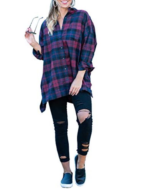 MISSLOOK Women's Plaid Shirts Button Down Tops Flannel Roll-up Sleeve Blouses Tunics