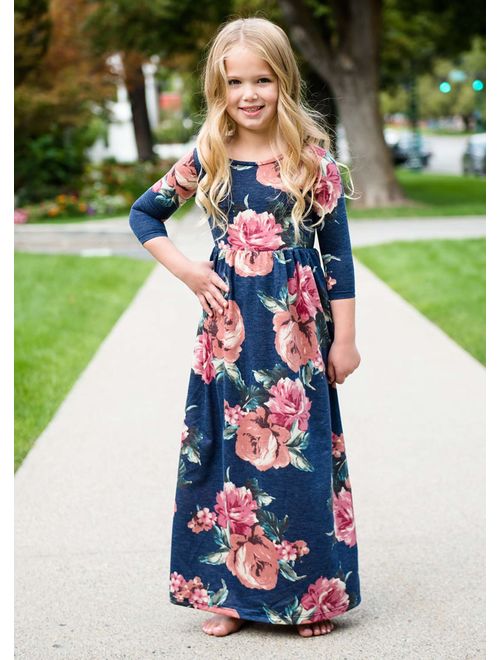 Family Matching Flower Print Long Sleeve Maxi Dress Mommy Me O-Neck High Waist Spring Fall Dress with Pockets
