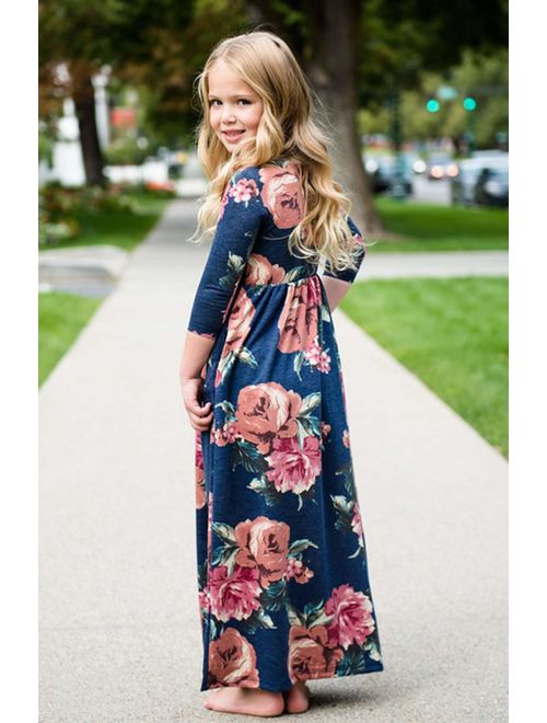 Family Matching Flower Print Long Sleeve Maxi Dress Mommy Me O-Neck High Waist Spring Fall Dress with Pockets