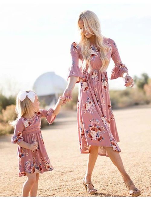 Family Matching Flower Print O-Neck Bell Sleeve Long Dress Mommy and Me One Piece Spring Fall Dress