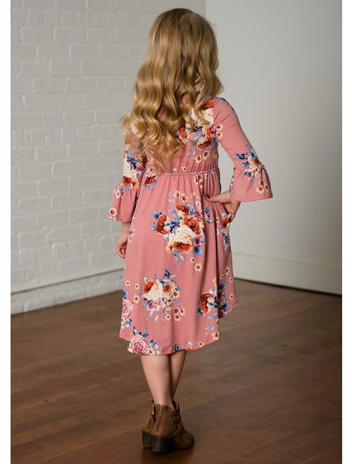Family Matching Flower Print O-Neck Bell Sleeve Long Dress Mommy and Me One Piece Spring Fall Dress
