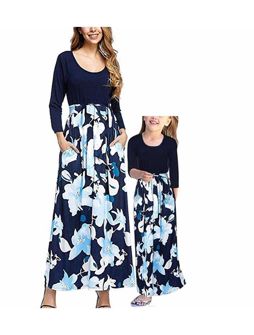 Qin.Orianna Mommy and Me Boho Floral Family Matching Maxi Dress with Pocket for Mother's Day