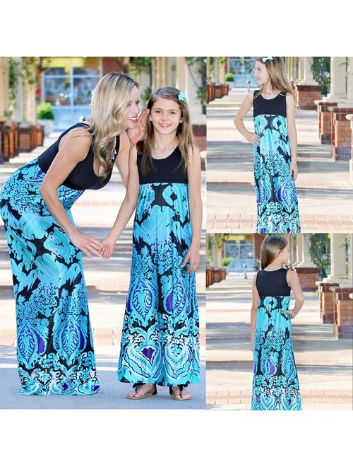 Mommy and Me Dress Outfit Floral Printed Family Matching Casual Bohemia Maxi Long Sundress for Woman Kid Girl