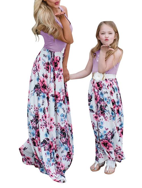 Geckatte Mommy and Me Dresses Casual Floral Family Outfits Summer Matching Maxi Dress