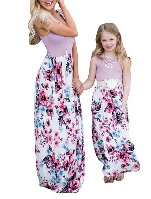 Geckatte Mommy and Me Dresses Casual Floral Family Outfits Summer Matching Maxi Dress