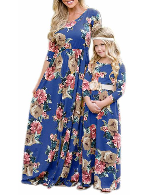 Mommy and Me Flower Print Long Sleeve Maxi Dress Family Matching O-Neck High Waist Spring Fall Dress