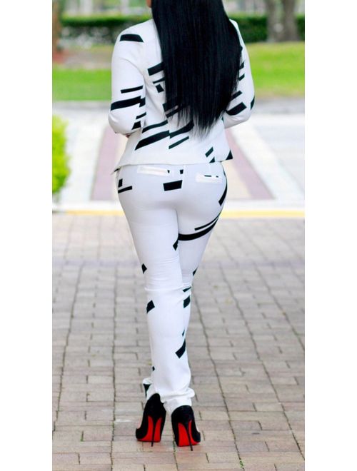Evesymil Women Lapel Collar Long Sleeve Stripe Top Jacket Pants 2 Piece Suit Set Outfits