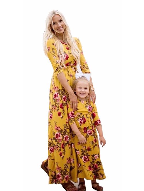 Family Matching Flower Print Long Sleeve Maxi Dress Mommy and Me High Waist Long Dress with Pockets