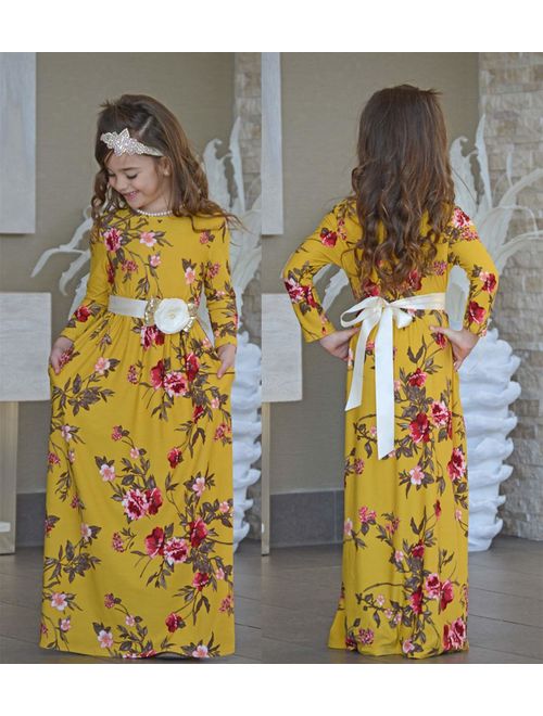 Family Matching Flower Print Long Sleeve Maxi Dress Mommy and Me High Waist Long Dress with Pockets