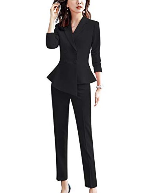 2Pics Ladies Slim Double Breasted Blazers Coat Straight Leg Pants Suits Business