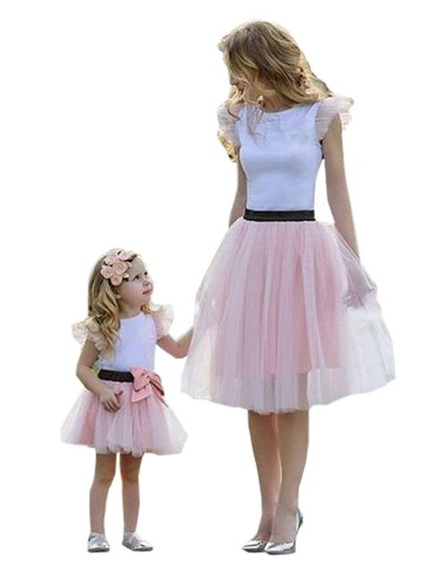 Family Matching Mom Baby Girls White Tshirt Top and Pink Tutu Skirt Clothing Sets