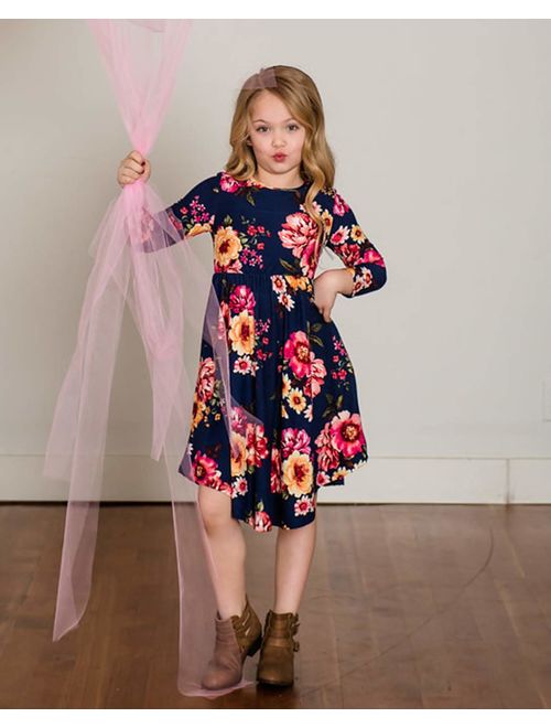 Family Matching Flower Print O-Neck Midi Dress Mommy and Me High Waist Spring Summer Fall Dress