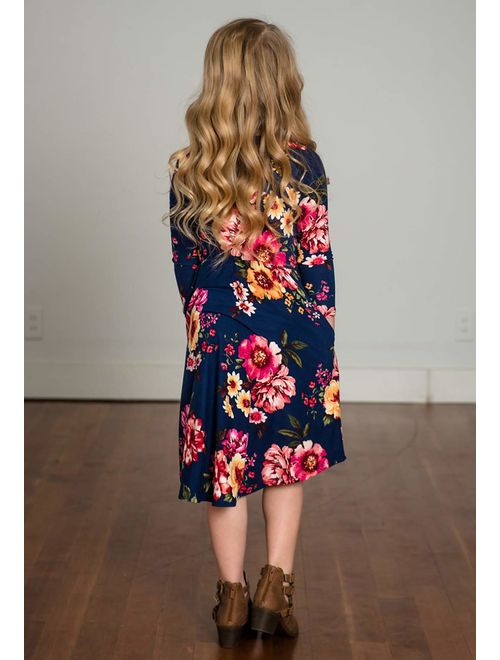 Family Matching Flower Print O-Neck Midi Dress Mommy and Me High Waist Spring Summer Fall Dress