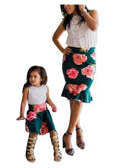 Mommy and Me Dresses Casual Floral Family Outfits Stripe Stitching Skirt Beach Maxi Dresses