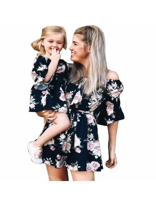 Family Matching Off Shoulder Mini Dress Mommy and Me Flower Print High Waist 3/4 Sleeve Short Dress with Belt