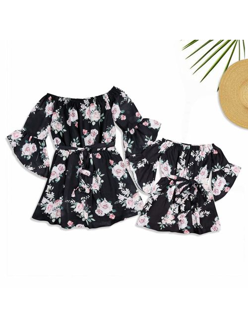 Family Matching Off Shoulder Mini Dress Mommy and Me Flower Print High Waist 3/4 Sleeve Short Dress with Belt