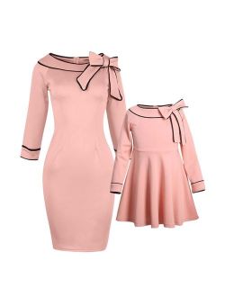 PopReal Mommy and Me Dresses Sweet Bowknot Decorated Party Elegant Midi Matching Outfits