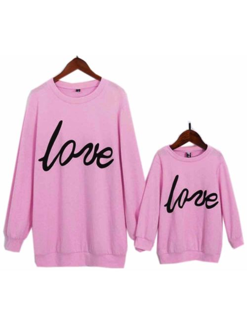 Mommy and Me Outfits Love Print Long Sleeve Round Neck Sweatshirt Family Matching Pullover Tee Tops Clothes